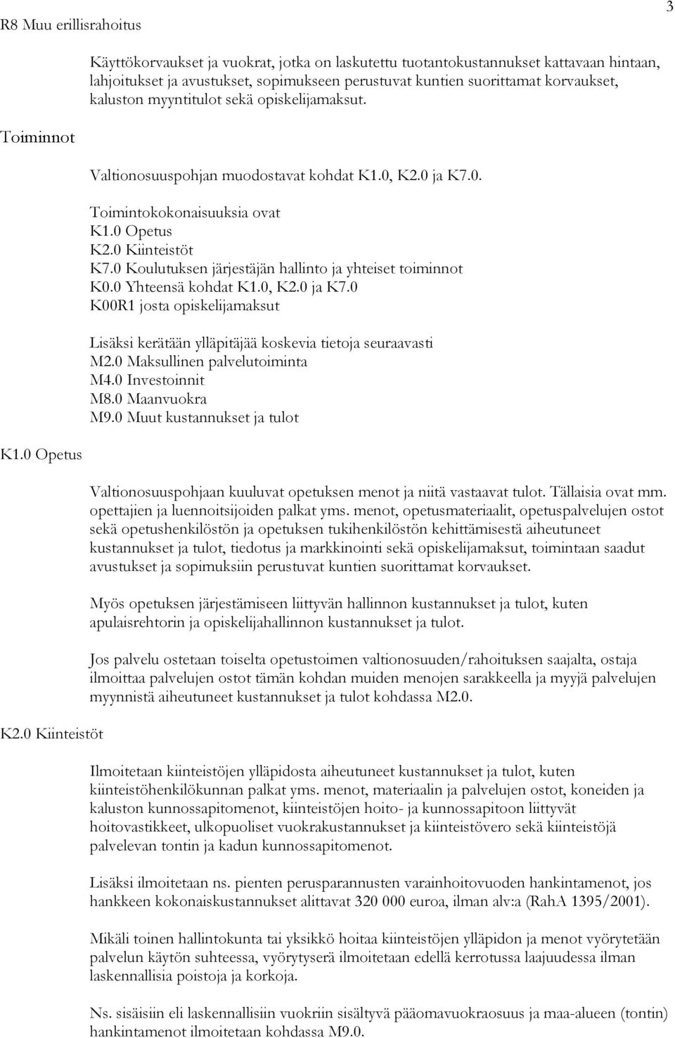 0 Koulutuksen järjestäjän hallinto ja yhteiset toiminnot K0.0 Yhteensä kohdat K1.0, K2.0 ja K7.0 K00R1 josta opiskelijamaksut Lisäksi kerätään ylläpitäjää koskevia tietoja seuraavasti M2.