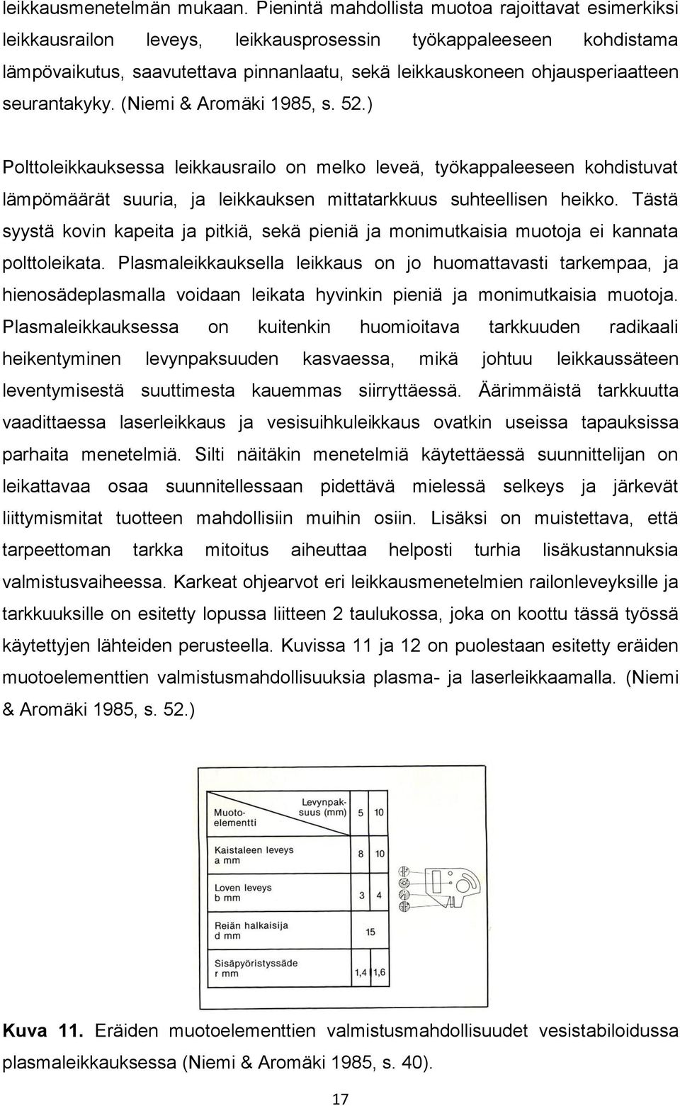 seurantakyky. (Niemi & Aromäki 1985, s. 52.) Polttoleikkauksessa leikkausrailo on melko leveä, työkappaleeseen kohdistuvat lämpömäärät suuria, ja leikkauksen mittatarkkuus suhteellisen heikko.