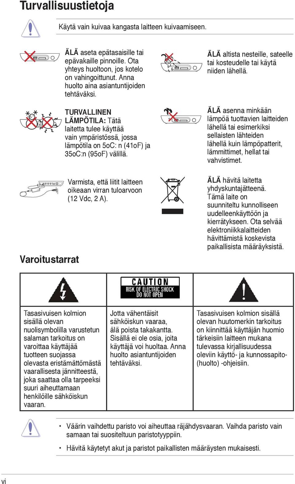 Varmista, että liitit laitteen oikeaan virran tuloarvoon (12 Vdc, 2 A). ÄLÄ altista nesteille, sateelle tai kosteudelle tai käytä niiden lähellä.