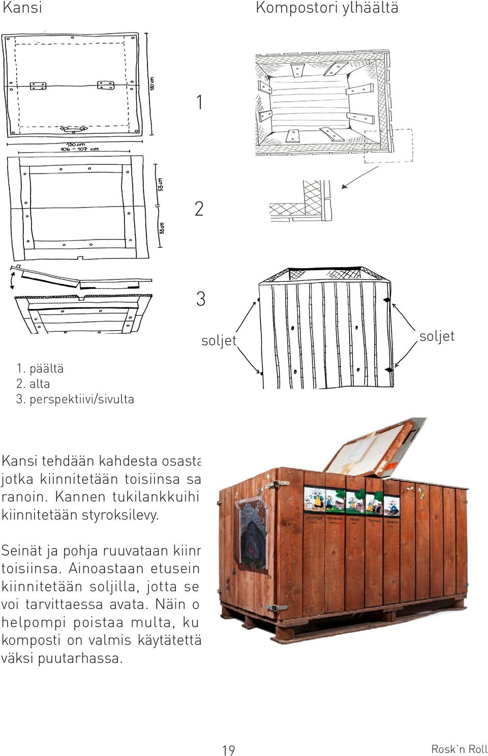 toisiinsa saranoin. Kannen tukilankkuihin kiinnitetään styroksilevy.