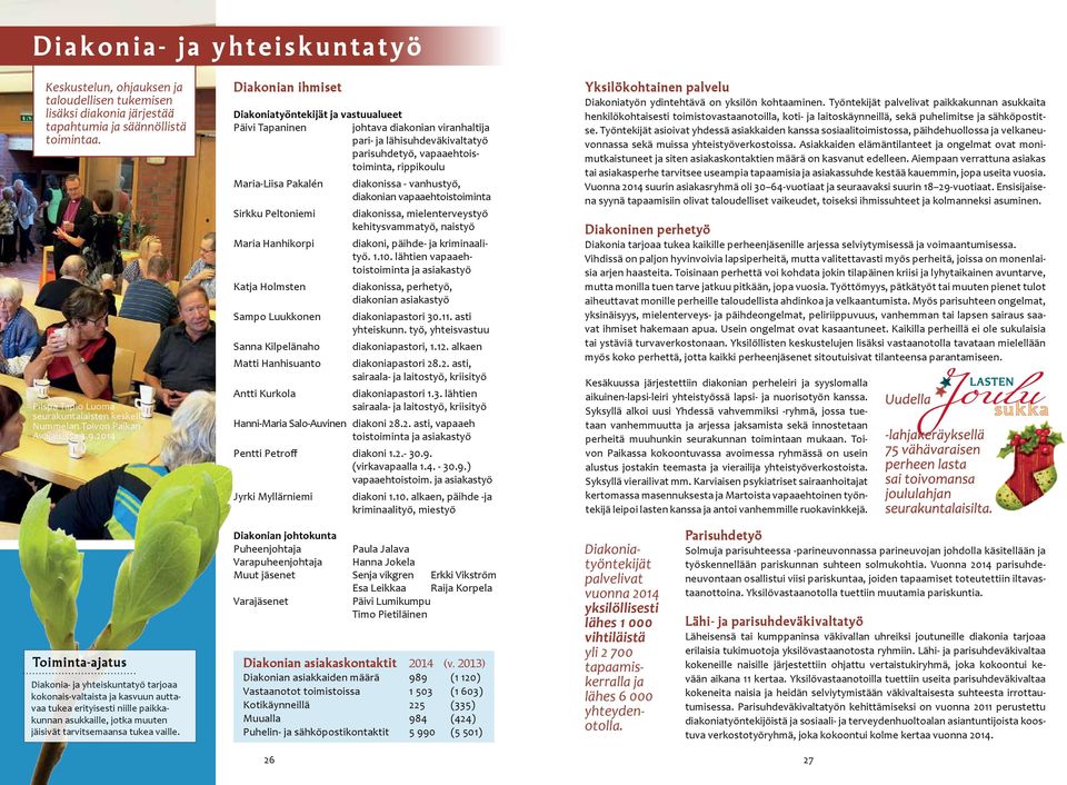 2014 Diakonian ihmiset Diakoniatyöntekijät ja vastuualueet Päivi Tapaninen johtava diakonian viranhaltija pari- ja lähisuhdeväkivaltatyö parisuhdetyö, vapaaehtoistoiminta, rippikoulu Maria-Liisa