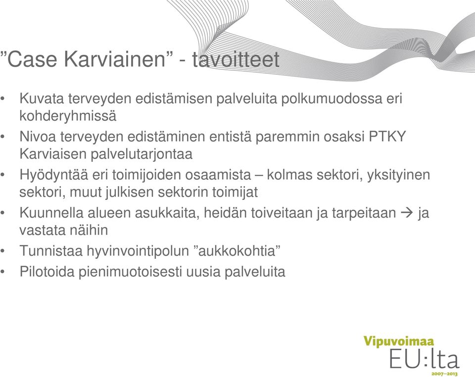 osaamista kolmas sektori, yksityinen sektori, muut julkisen sektorin toimijat Kuunnella alueen asukkaita, heidän