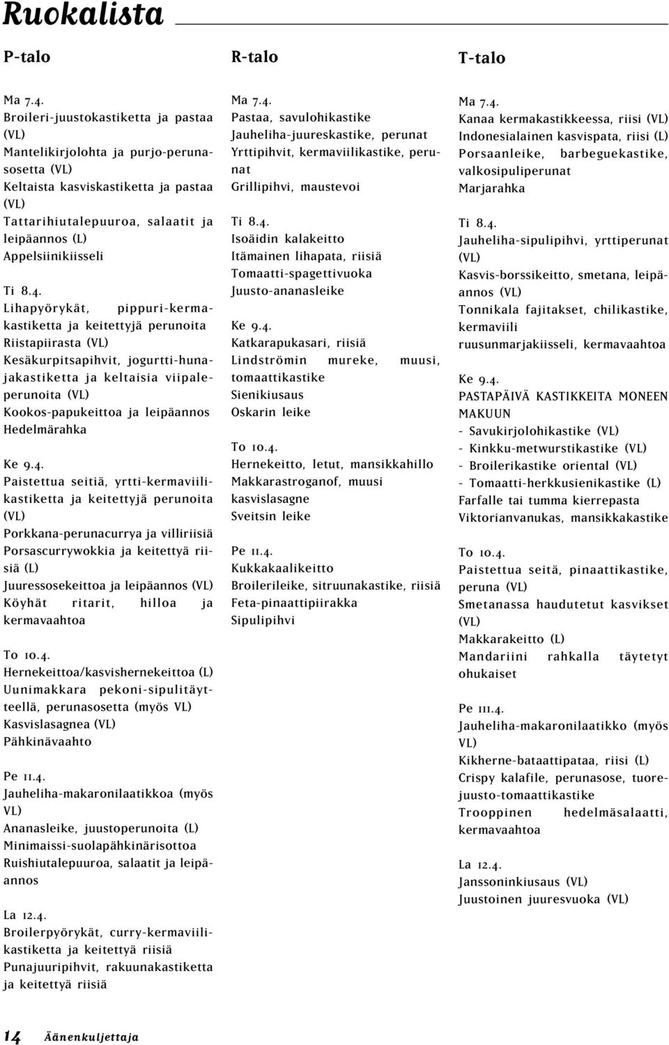 8.4. Lihapyörykät, pippuri-kermakastiketta ja keitettyjä perunoita Riistapiirasta (VL) Kesäkurpitsapihvit, jogurtti-hunajakastiketta ja keltaisia viipaleperunoita (VL) Kookos-papukeittoa ja