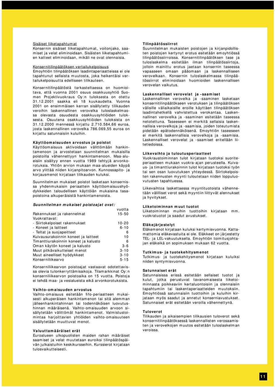 Konsernitilinpäätöstä tarkasteltaessa on huomioitava, että vuonna 2001 osuus osakkuusyhtiö Suomen Projektivuokraus Oy:n tuloksesta on otettu 31.12.2001 saakka eli 18 kuukaudelta.