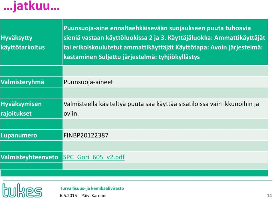 järjestelmä: tyhjiökyllästys Valmisteryhmä Puunsuoja-aineet Hyväksymisen rajoitukset Valmisteella käsiteltyä puuta saa käyttää