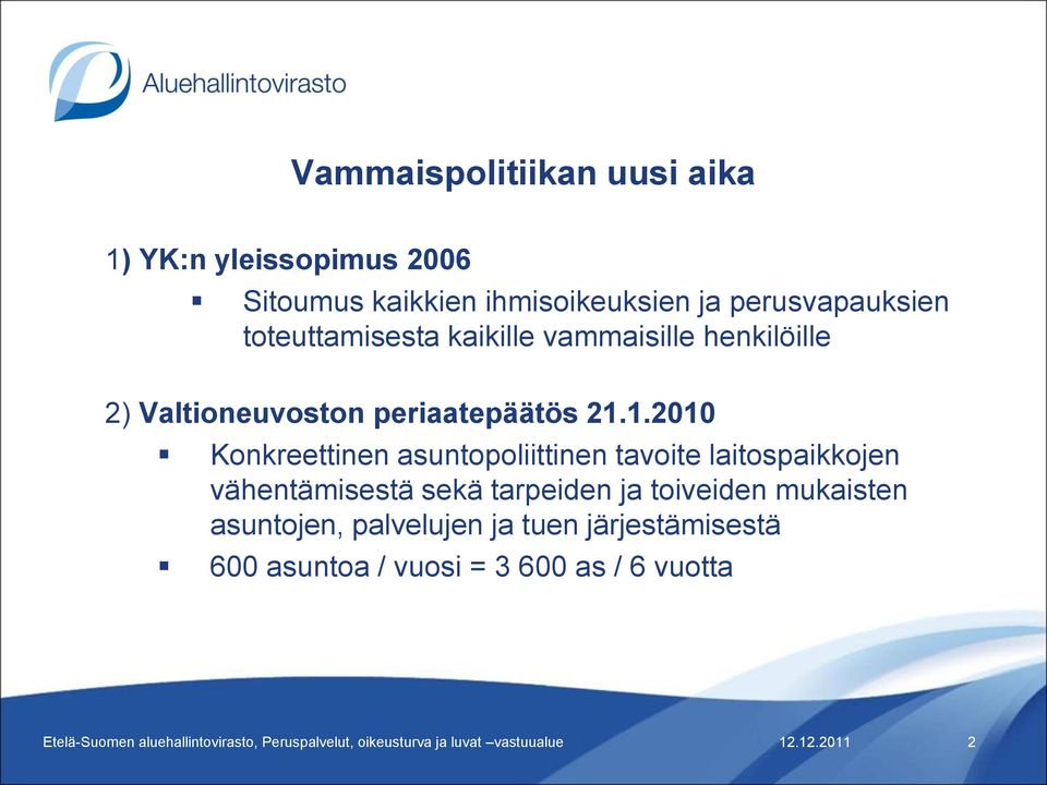 21.1.2010 Konkreettinen asuntopoliittinen tavoite laitospaikkojen vähentämisestä sekä tarpeiden ja