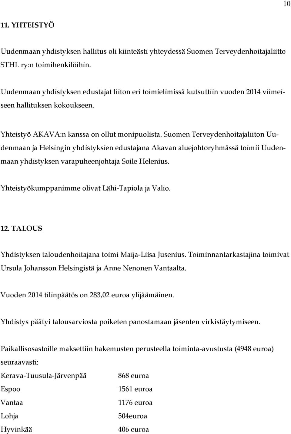 Suomen Terveydenhoitajaliiton Uudenmaan ja Helsingin yhdistyksien edustajana Akavan aluejohtoryhmässä toimii Uudenmaan yhdistyksen varapuheenjohtaja Soile Helenius.