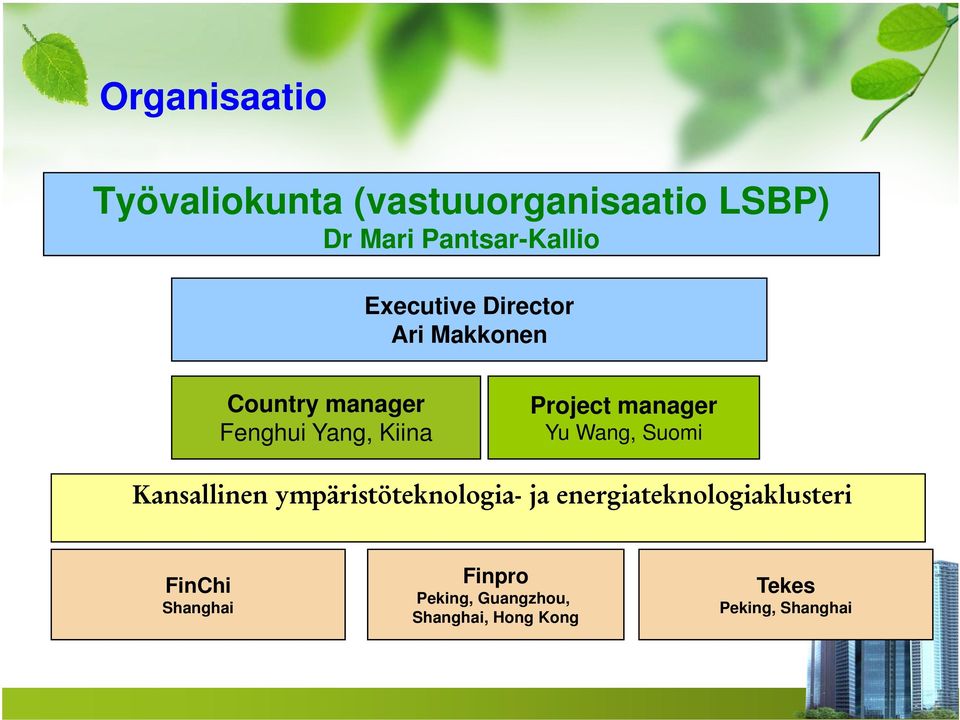 manager Yu Wang, Suomi Kansallinen ympäristöteknologia- ja