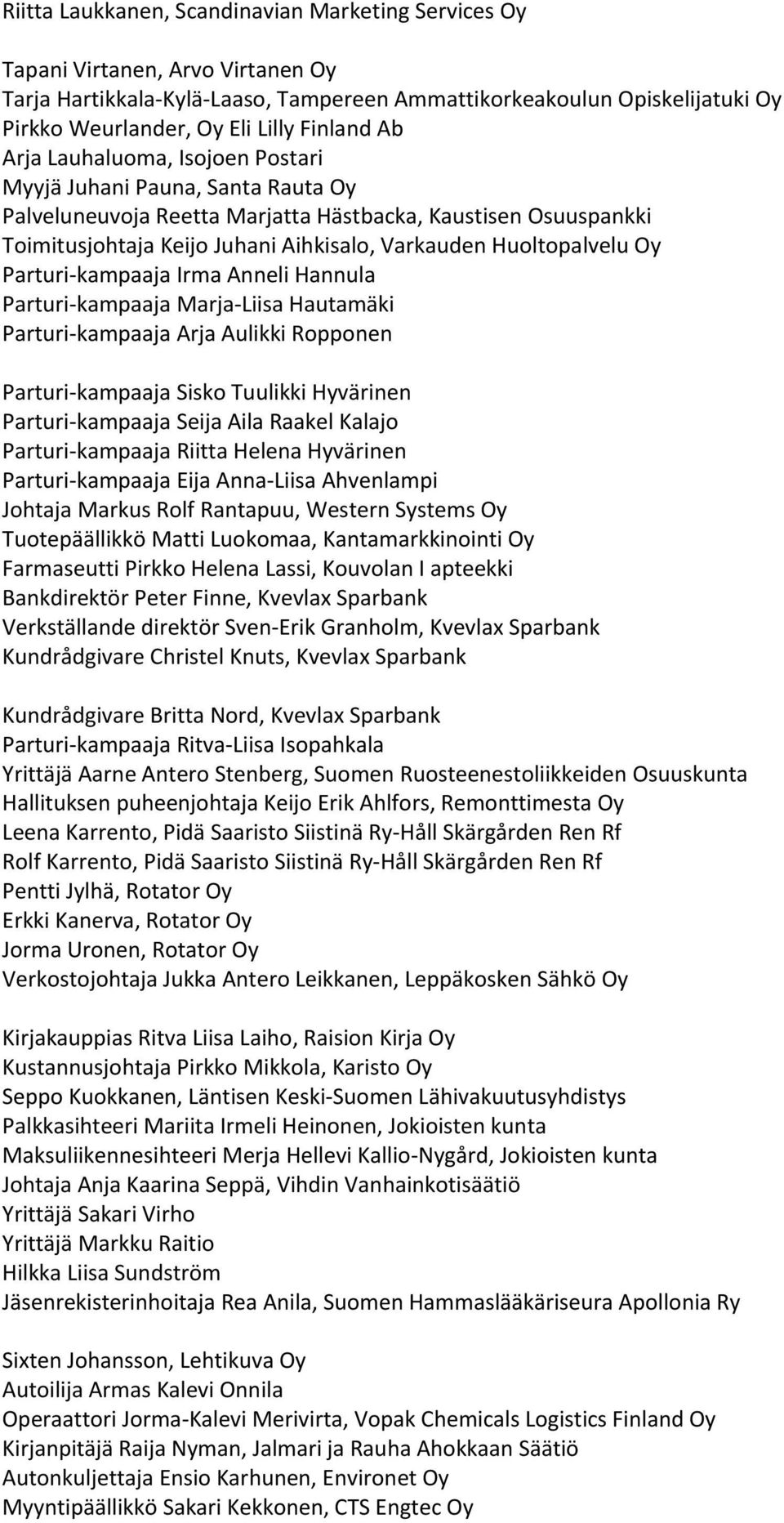 Huoltopalvelu Oy Parturi-kampaaja Irma Anneli Hannula Parturi-kampaaja Marja-Liisa Hautamäki Parturi-kampaaja Arja Aulikki Ropponen Parturi-kampaaja Sisko Tuulikki Hyvärinen Parturi-kampaaja Seija