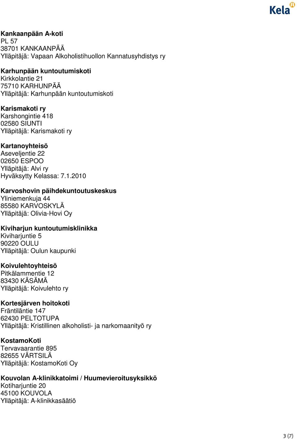 02580 SIUNTI Ylläpitäjä: Karismakoti ry Kartanoyhteisö Aseveljentie 22 02650 ESPOO Ylläpitäjä: Alvi ry Hyväksytty Kelassa: 7.1.