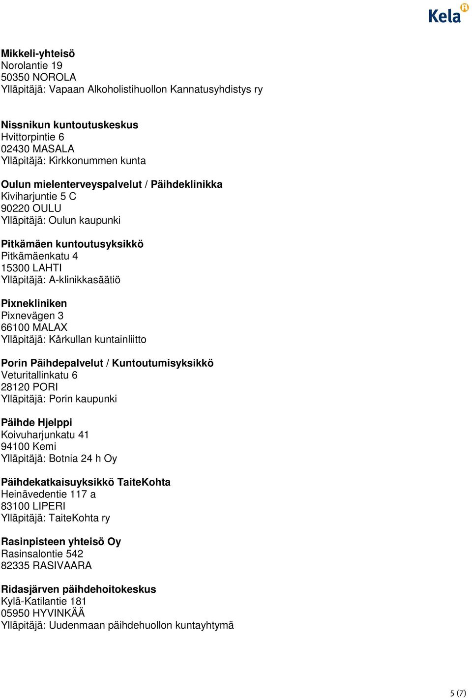 Ylläpitäjä: Kårkullan kuntainliitto Porin Päihdepalvelut / Kuntoutumisyksikkö Veturitallinkatu 6 28120 PORI Ylläpitäjä: Porin kaupunki Päihde Hjelppi Koivuharjunkatu 41 94100 Kemi Ylläpitäjä: Botnia