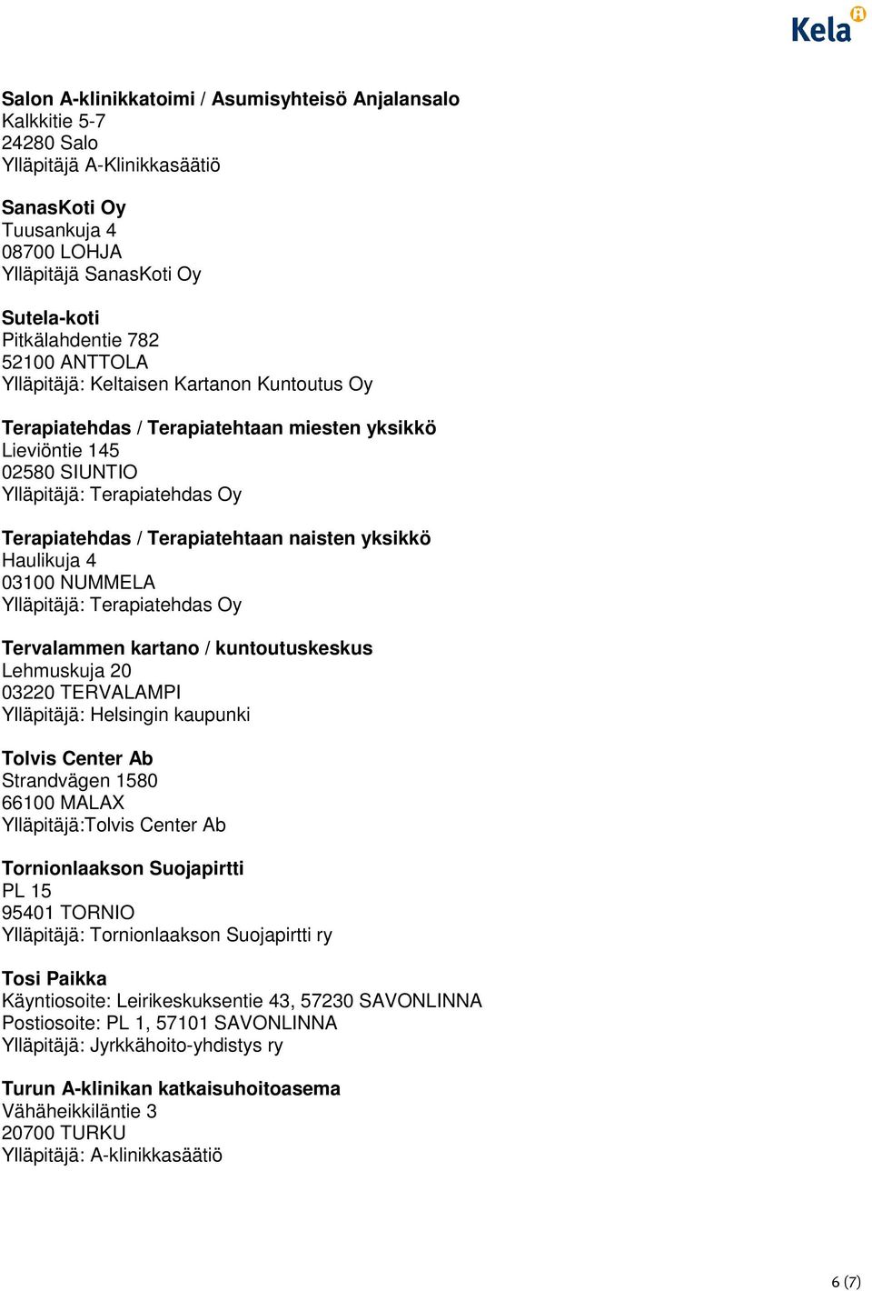 naisten yksikkö Haulikuja 4 03100 NUMMELA Ylläpitäjä: Terapiatehdas Oy Tervalammen kartano / kuntoutuskeskus Lehmuskuja 20 03220 TERVALAMPI Ylläpitäjä: Helsingin kaupunki Tolvis Center Ab Strandvägen
