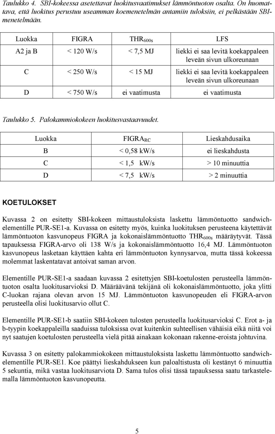 W/s ei vaatimusta ei vaatimusta Taulukko 5. Palokammiokokeen luokitusvastaavuudet.