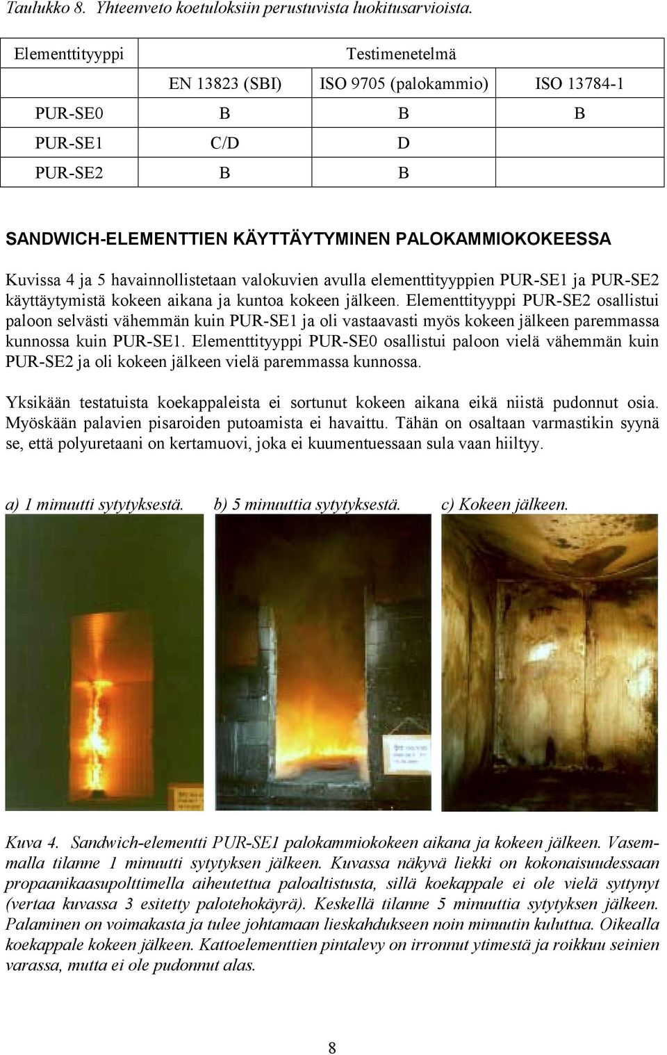 havainnollistetaan valokuvien avulla elementtityyppien PUR-SE1 ja PUR-SE2 käyttäytymistä kokeen aikana ja kuntoa kokeen jälkeen.