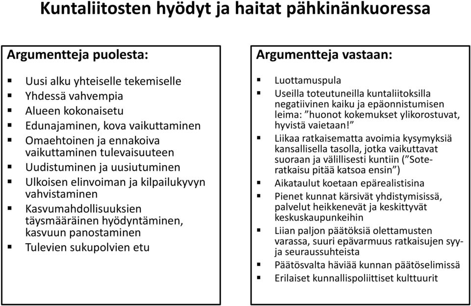 sukupolvien etu Argumentteja vastaan: Luottamuspula Useilla toteutuneilla kuntaliitoksilla negatiivinen kaiku ja epäonnistumisen leima: huonot kokemukset ylikorostuvat, hyvistä vaietaan!