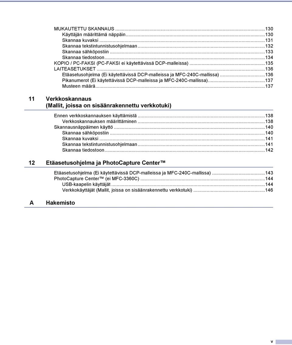 ..136 Pikanumerot (Ei käytettävissä DCP-malleissa ja MFC-240C-mallissa)...137 Musteen määrä...137 11 Verkkoskannaus (Mallit, joissa on sisäänrakennettu verkkotuki) Ennen verkkoskannauksen käyttämistä.