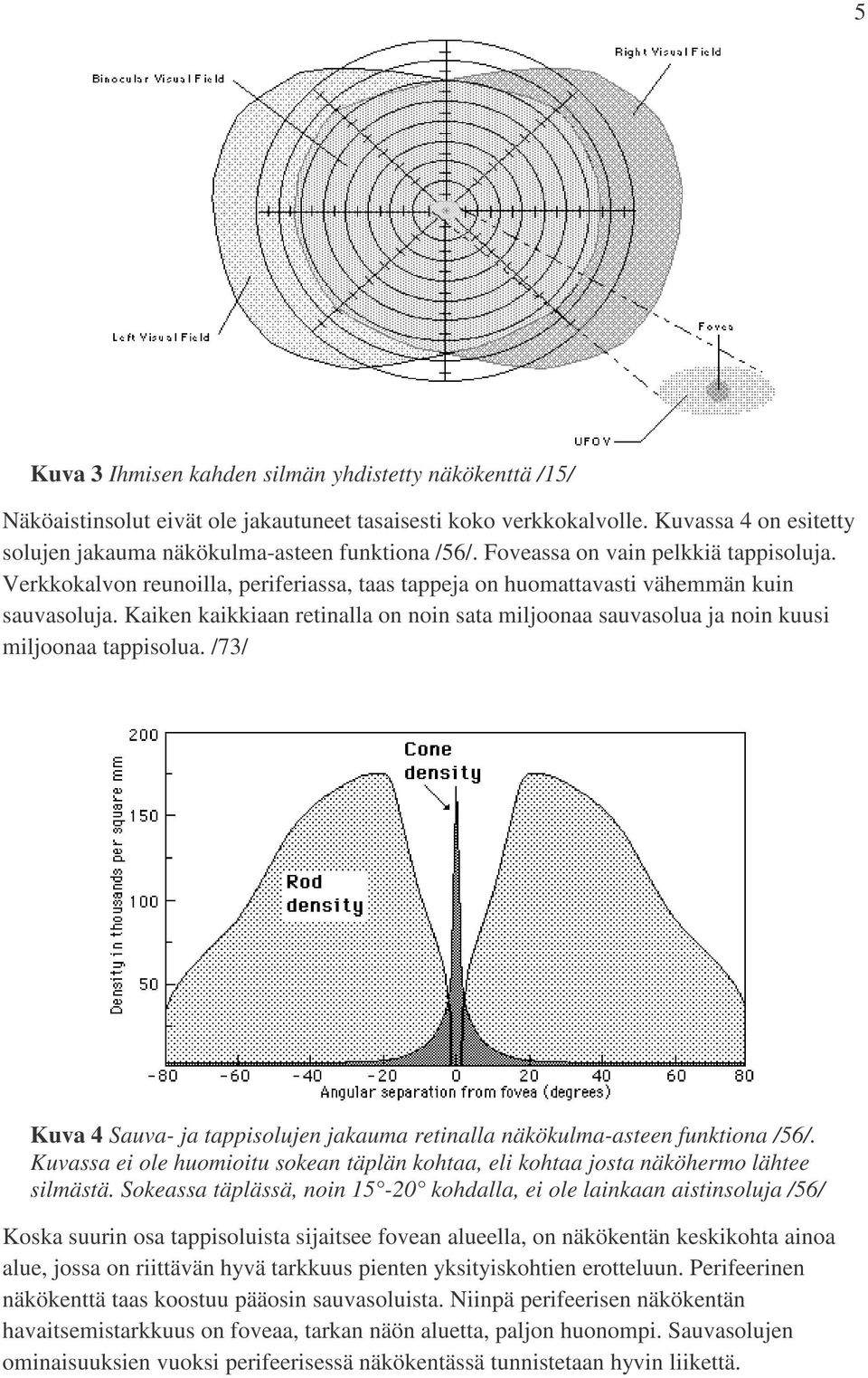 Kaiken kaikkiaan retinalla on noin sata miljoonaa sauvasolua ja noin kuusi miljoonaa tappisolua. /73/ Kuva 4 Sauva- ja tappisolujen jakauma retinalla näkökulma-asteen funktiona /56/.