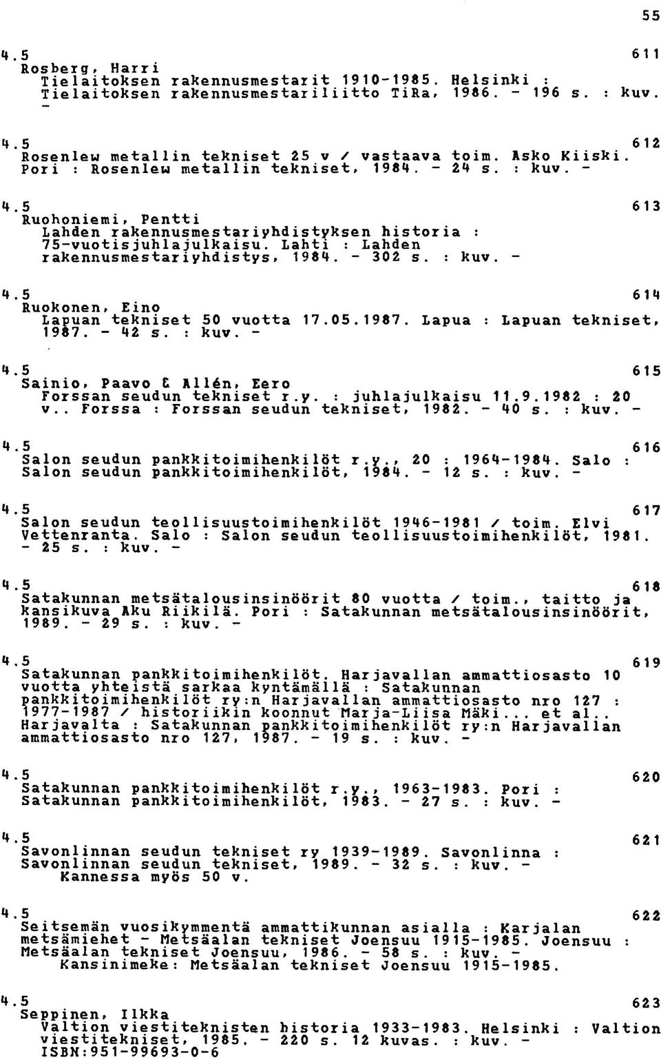 Lahti : Lahden rakennusmestariyhdistys» 1984. - 302 s. : kuv. - 4.5 614 Ruokonen» Eino Lapuan set 50 vuotta 17.05.1987. Lapua : Lapuan set» 1987. - 42 s. : kuv. - 4.5 615 Sainio» Paavo C All n» Eero Forssan seudun set r.