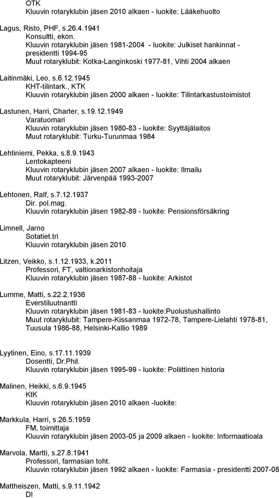 , KTK Kluuvin rotaryklubin jäsen 2000 alkaen - luokite: Tilintarkastustoimistot Lastunen, Harri, Charter, s.19.12.