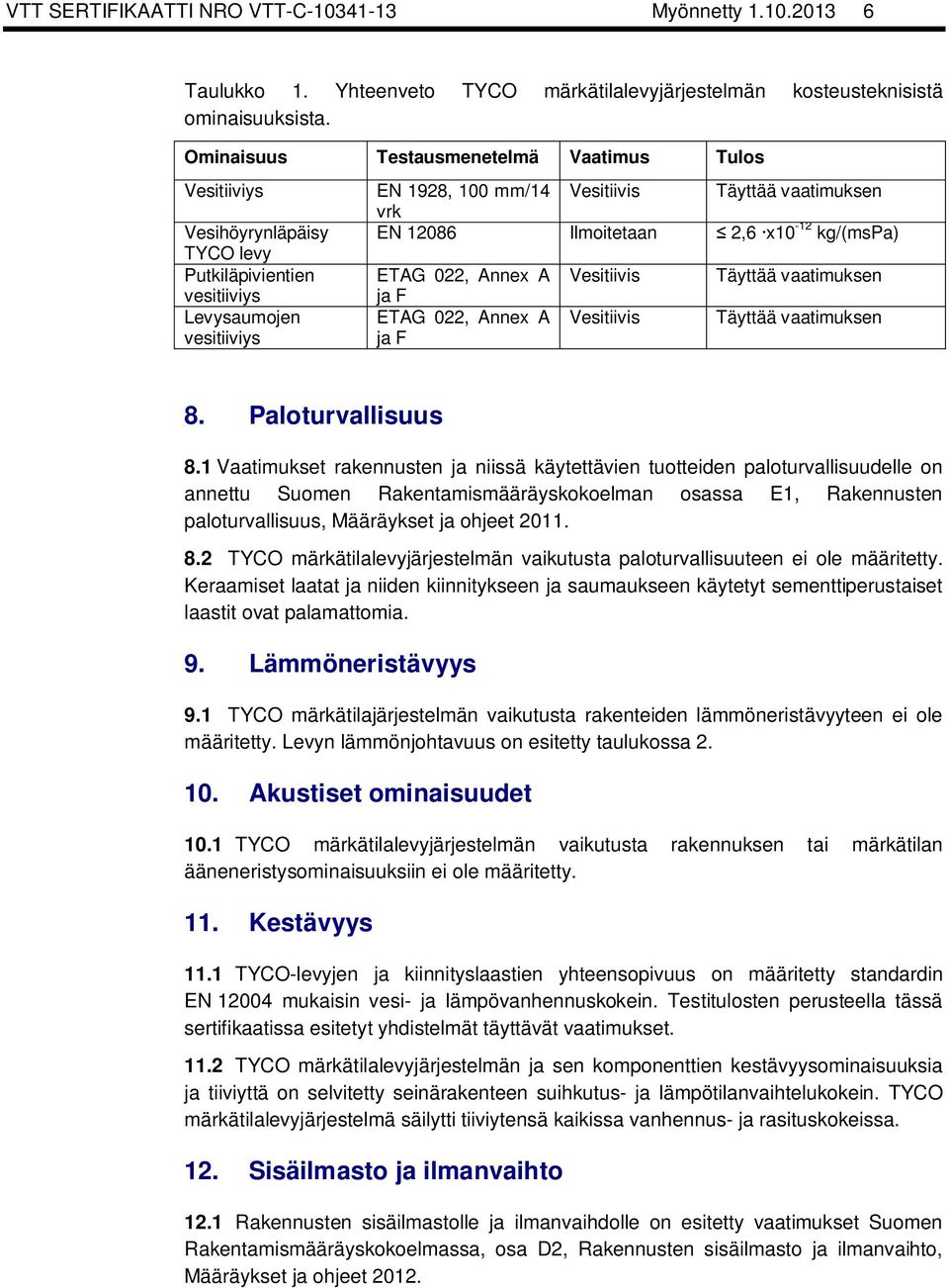 12086 Ilmoitetaan 2,6 x10-12 kg/(mspa) ETAG 022, Annex A ja F ETAG 022, Annex A ja F Vesitiivis Vesitiivis Täyttää vaatimuksen Täyttää vaatimuksen 8. Paloturvallisuus 8.