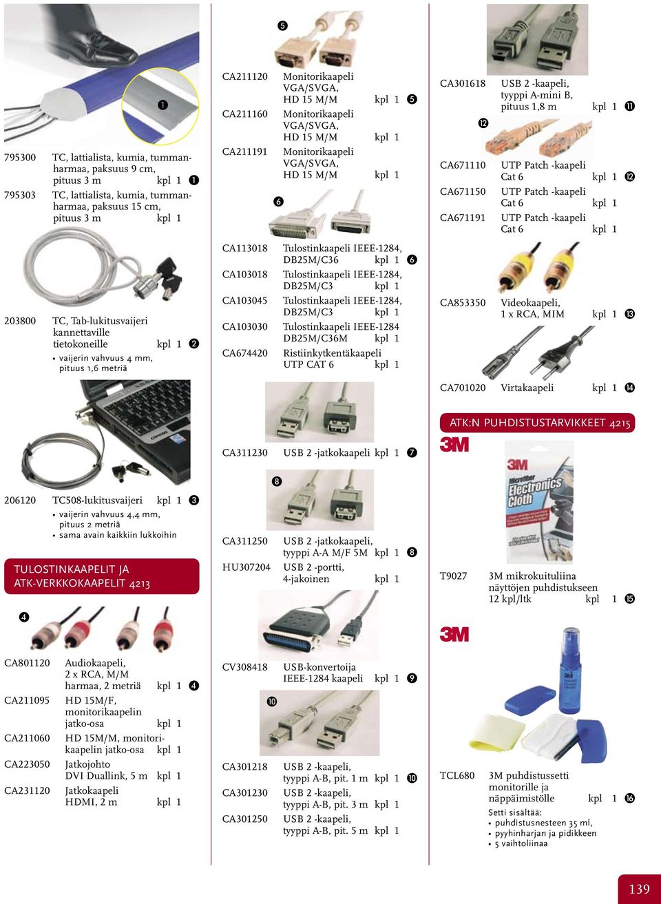 B, pituus 1,8 m kpl 1 K UTP Patch -kaapeli Cat 6 kpl 1 L UTP Patch -kaapeli Cat 6 kpl 1 UTP Patch -kaapeli Cat 6 kpl 1 203800 TC, Tab-lukitusvaijeri kannettaville tietokoneille kpl 1 2 vaijerin