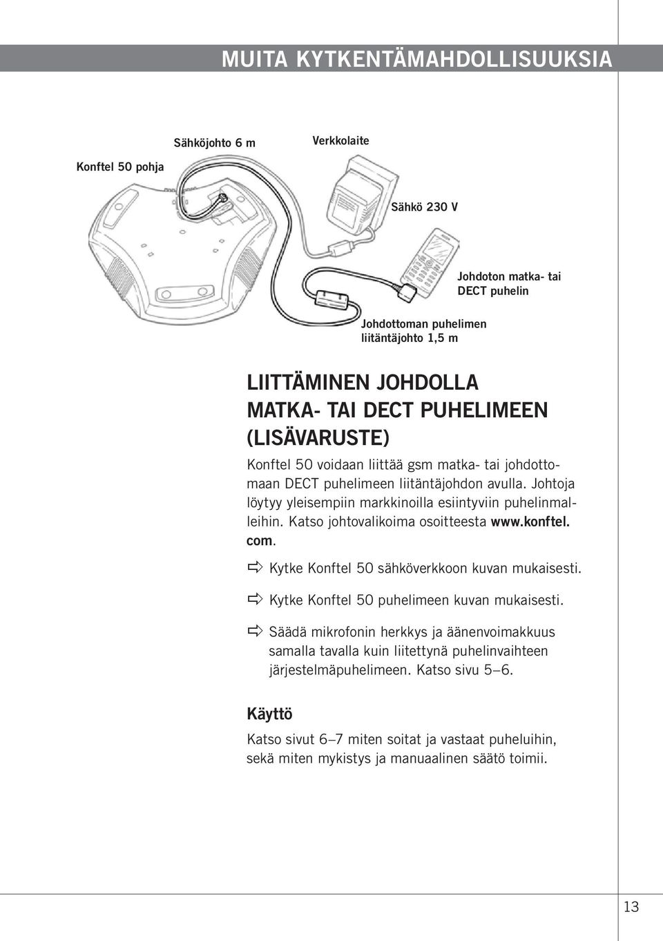 Katso johtovalikoima osoitteesta www.konftel. com. apple Kytke Konftel 50 sähköverkkoon kuvan mukaisesti. apple Kytke Konftel 50 puhelimeen kuvan mukaisesti.