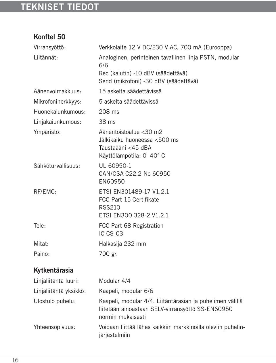 <30 m2 Jälkikaiku huoneessa <500 ms Taustaääni <45 dba Käyttölämpötila: 0 40 C Sähköturvallisuus: UL 60950-1 CAN/CSA C22.2 No 60950 EN60950 RF/EMC: ETSI EN301489-17 V1.2.1 FCC Part 15 Certifikate RSS210 ETSI EN300 328-2 V1.