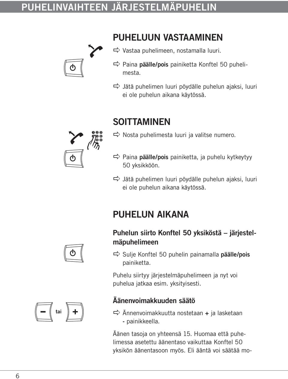 apple Paina päälle/pois painiketta, ja puhelu kytkeytyy 50 yksikköön. apple Jätä puhelimen luuri pöydälle puhelun ajaksi, luuri ei ole puhelun aikana käytössä.