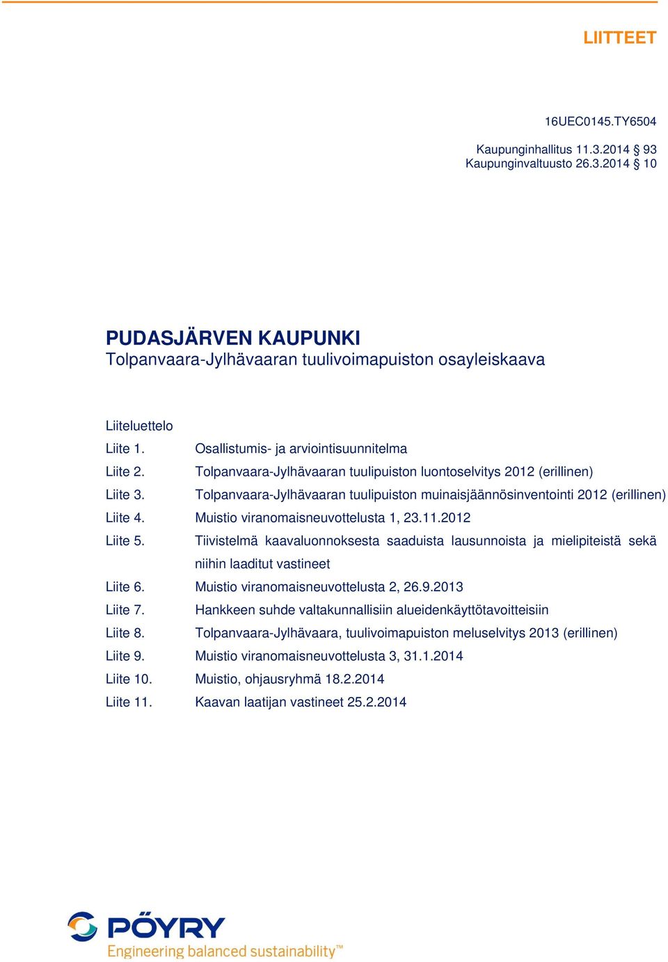 Tolpanvaara-Jylhävaaran tuulipuiston muinaisjäännösinventointi 2012 (erillinen) Liite 4. Muistio viranomaisneuvottelusta 1, 23.11.2012 Liite 5.