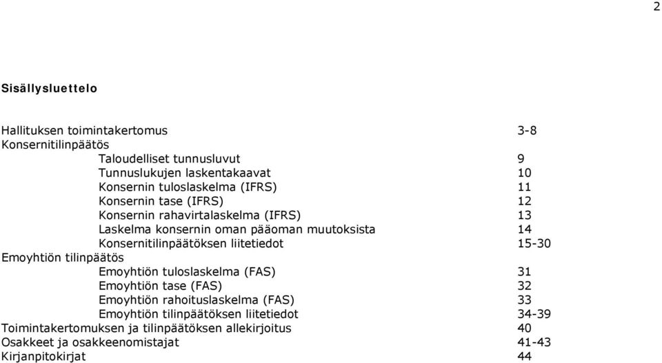 Konsernitilinpäätöksen liitetiedot 15-30 Emoyhtiön tilinpäätös Emoyhtiön tuloslaskelma (FAS) 31 Emoyhtiön tase (FAS) 32 Emoyhtiön rahoituslaskelma