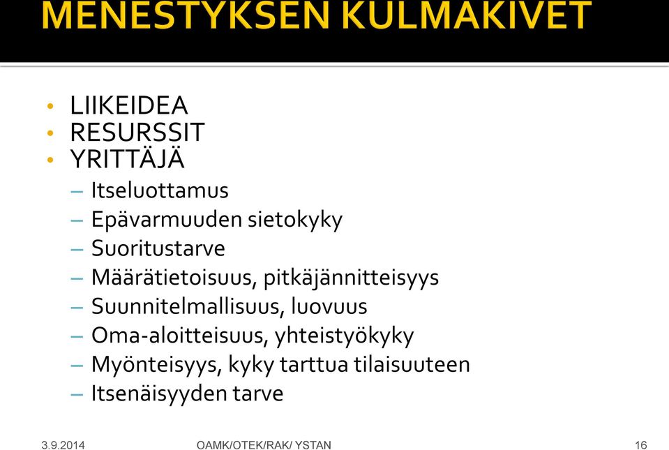 Suunnitelmallisuus, luovuus Oma-aloitteisuus, yhteistyökyky