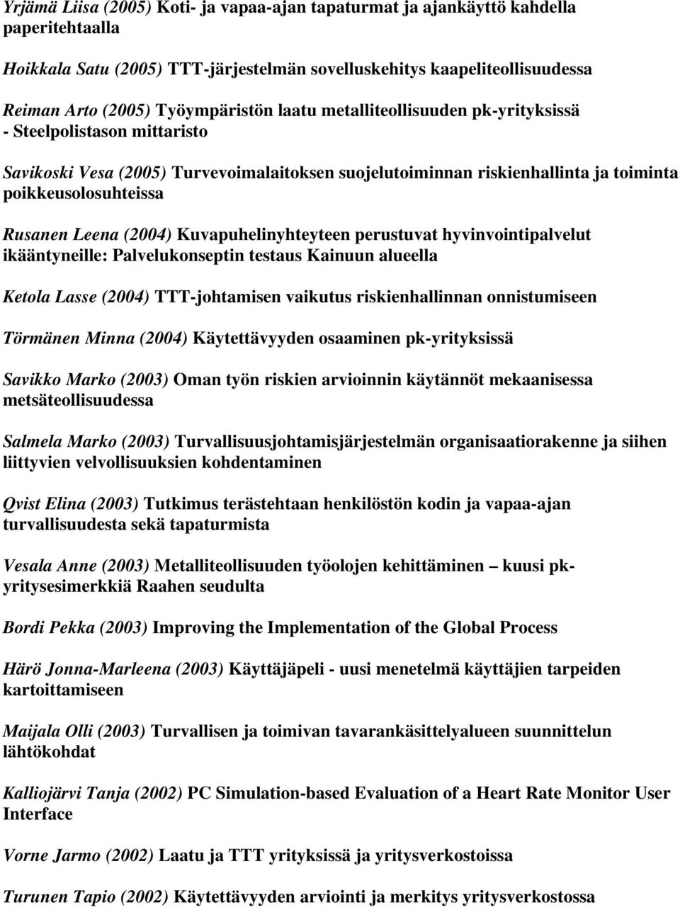 Kuvapuhelinyhteyteen perustuvat hyvinvointipalvelut ikääntyneille: Palvelukonseptin testaus Kainuun alueella Ketola Lasse (2004) TTT-johtamisen vaikutus riskienhallinnan onnistumiseen Törmänen Minna