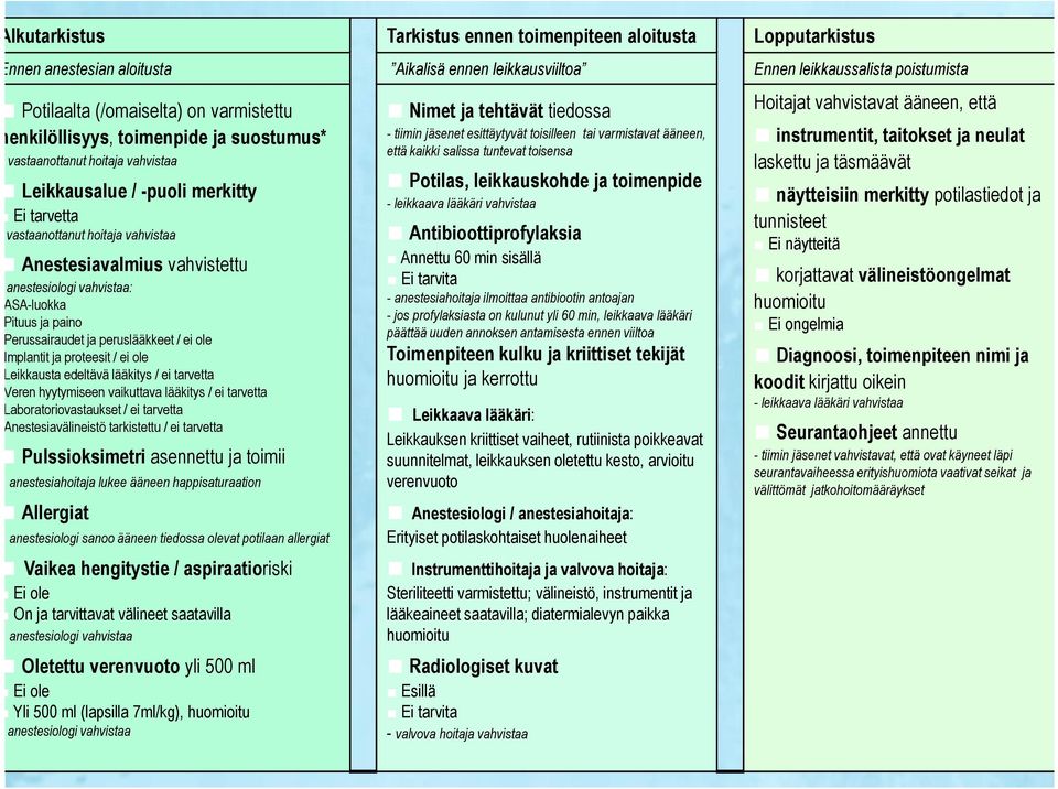 vahvistaa: ASA-luokka Pituus ja paino Perussairaudet ja peruslääkkeet / ei ole Implantit ja proteesit / ei ole Leikkausta edeltävä lääkitys / ei tarvetta Veren hyytymiseen vaikuttava lääkitys / ei