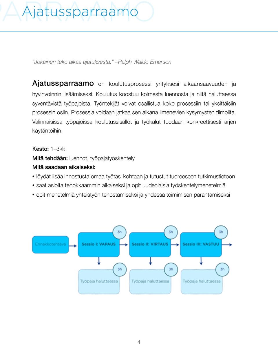 Prosessia voidaan jatkaa sen aikana ilmenevien kysymysten tiimoilta. Valinnaisissa työpajoissa koulutussisällöt ja työkalut tuodaan konkreettisesti arjen käytäntöihin.