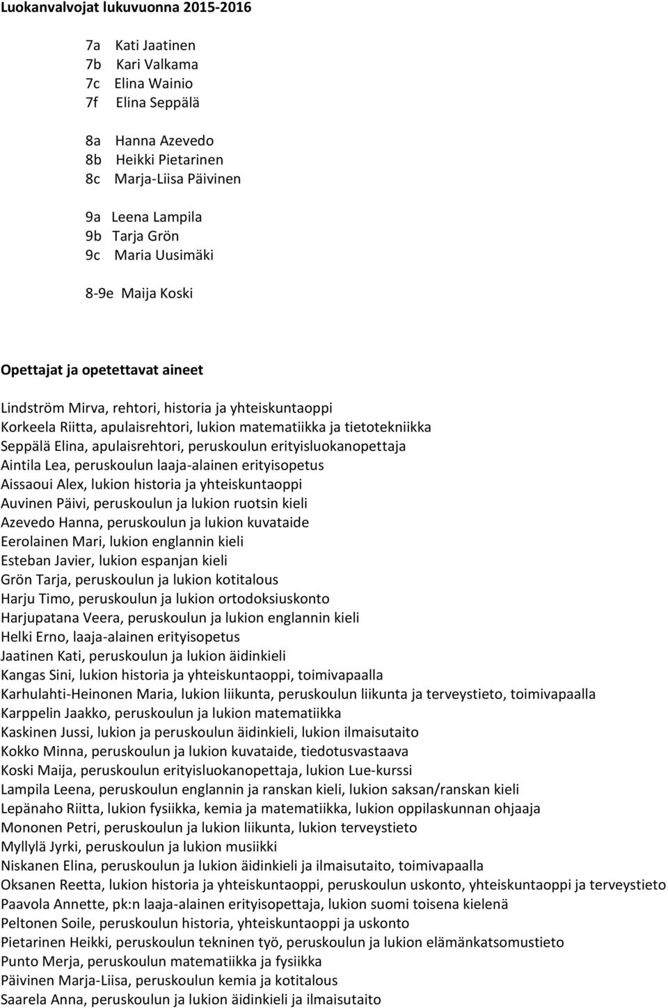 Elina, apulaisrehtori, peruskoulun erityisluokanopettaja Aintila Lea, peruskoulun laaja-alainen erityisopetus Aissaoui Alex, lukion historia ja yhteiskuntaoppi Auvinen Päivi, peruskoulun ja lukion