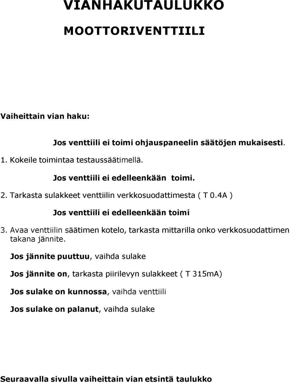 4A ) Jos venttiili ei edelleenkään toimi 3. Avaa venttiilin säätimen kotelo, tarkasta mittarilla onko verkkosuodattimen takana jännite.