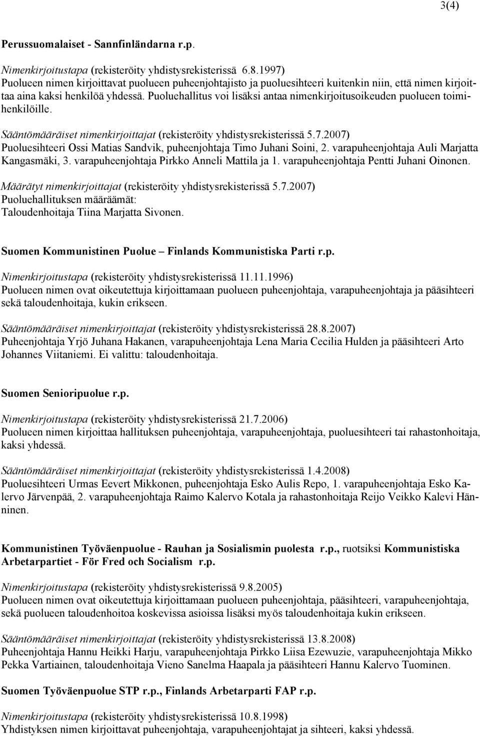 Puoluehallitus voi lisäksi antaa nimenkirjoitusoikeuden puolueen toimihenkilöille. Sääntömääräiset nimenkirjoittajat (rekisteröity yhdistysrekisterissä 5.7.