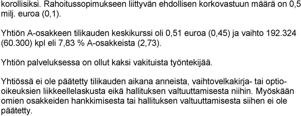 Yhtiön palveluksessa on ollut kaksi vakituista työntekijää.