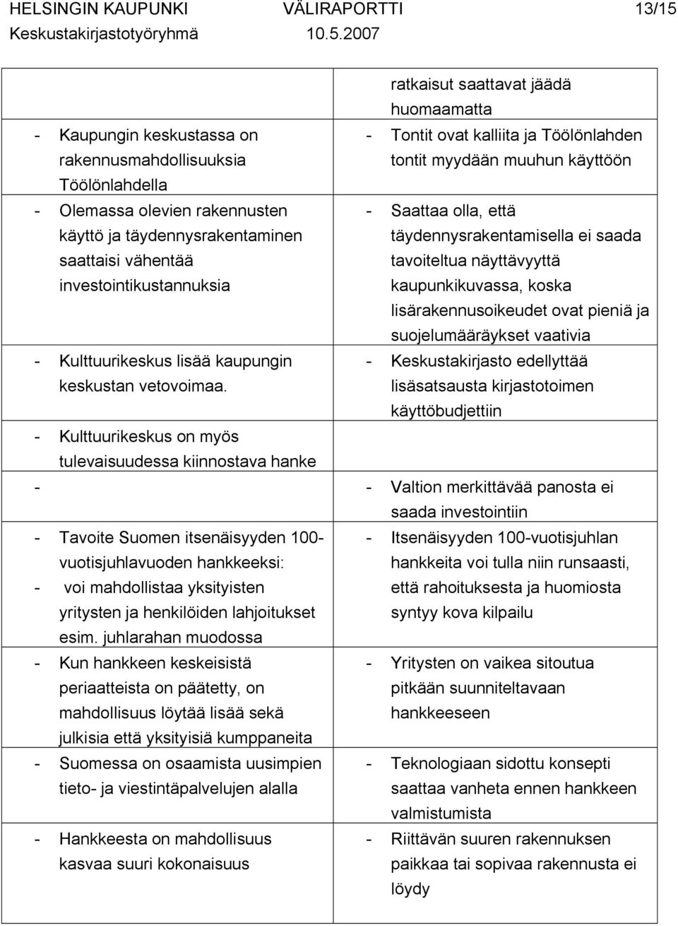 kaupunkikuvassa, koska lisärakennusoikeudet ovat pieniä ja suojelumääräykset vaativia - Kulttuurikeskus lisää kaupungin keskustan vetovoimaa.