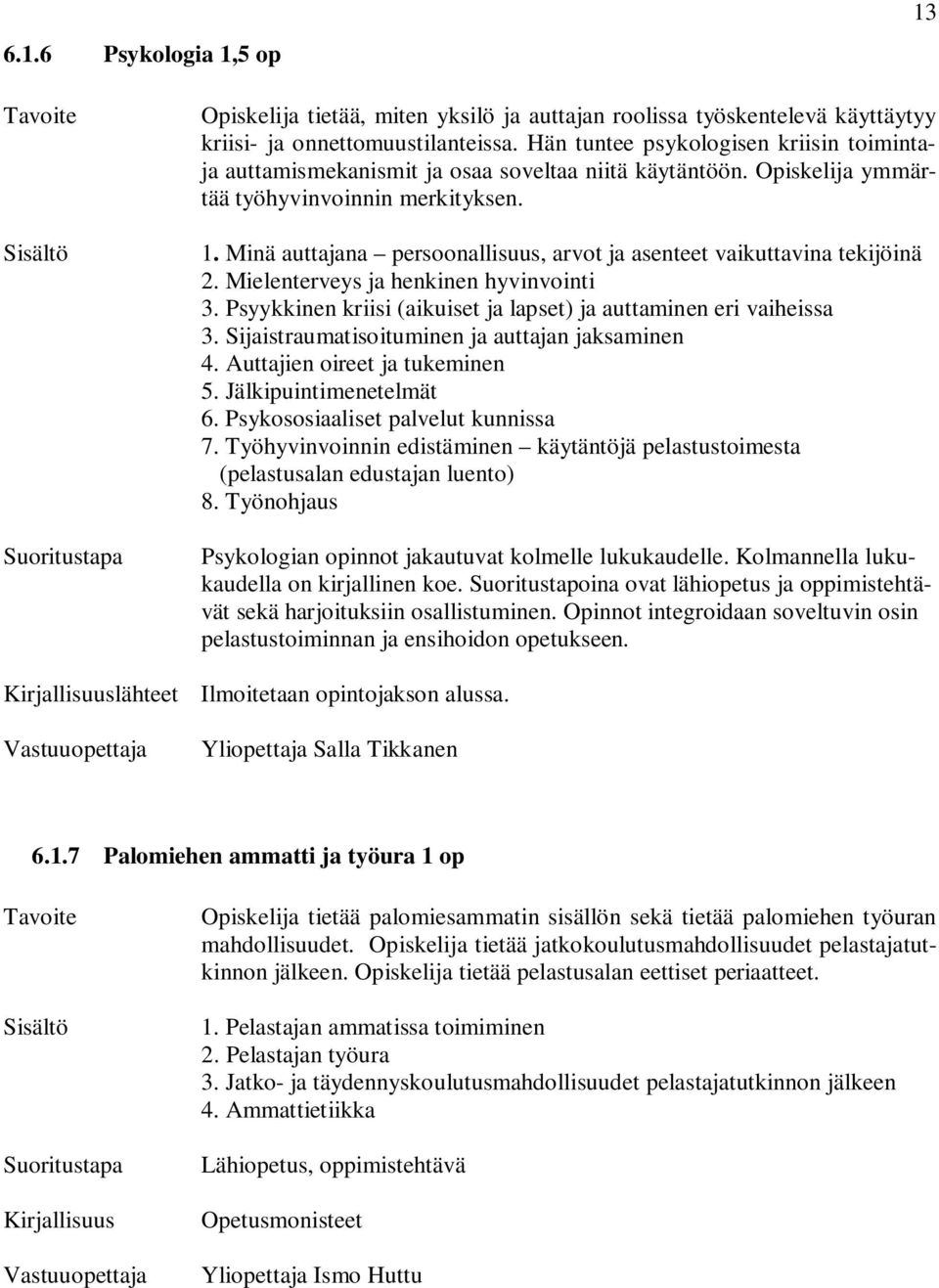Minä auttajana persoonallisuus, arvot ja asenteet vaikuttavina tekijöinä 2. Mielenterveys ja henkinen hyvinvointi 3. Psyykkinen kriisi (aikuiset ja lapset) ja auttaminen eri vaiheissa 3.