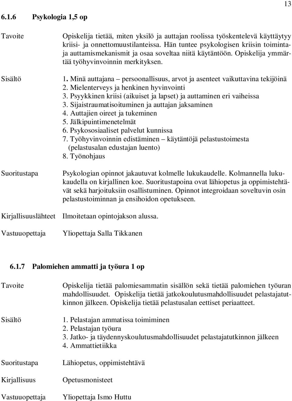 Minä auttajana persoonallisuus, arvot ja asenteet vaikuttavina tekijöinä 2. Mielenterveys ja henkinen hyvinvointi 3. Psyykkinen kriisi (aikuiset ja lapset) ja auttaminen eri vaiheissa 3.