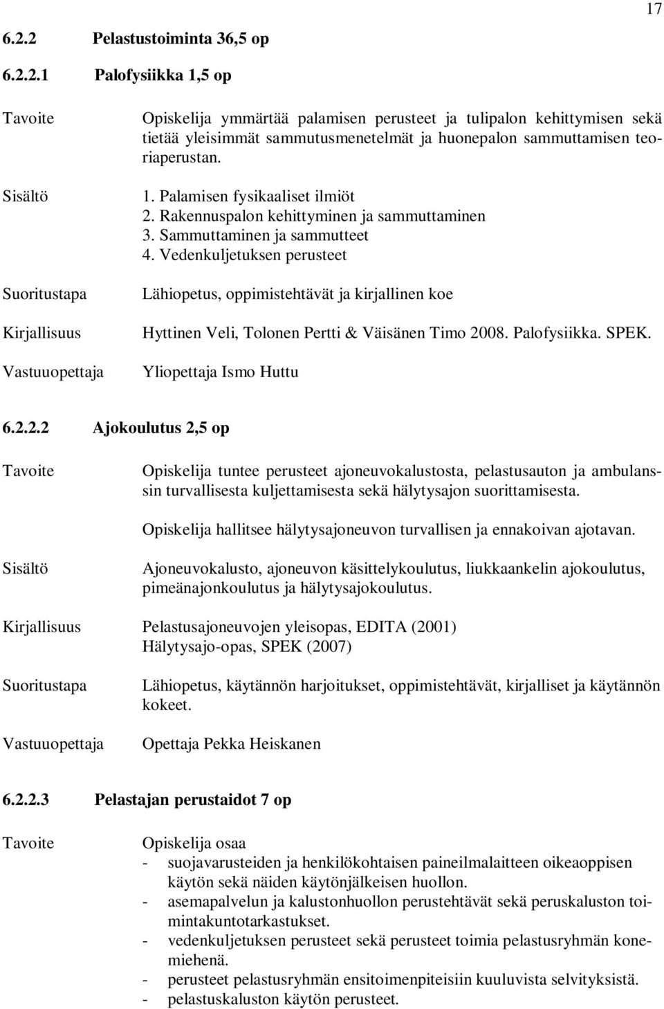 Vedenkuljetuksen perusteet Lähiopetus, oppimistehtävät ja kirjallinen koe Hyttinen Veli, Tolonen Pertti & Väisänen Timo 20