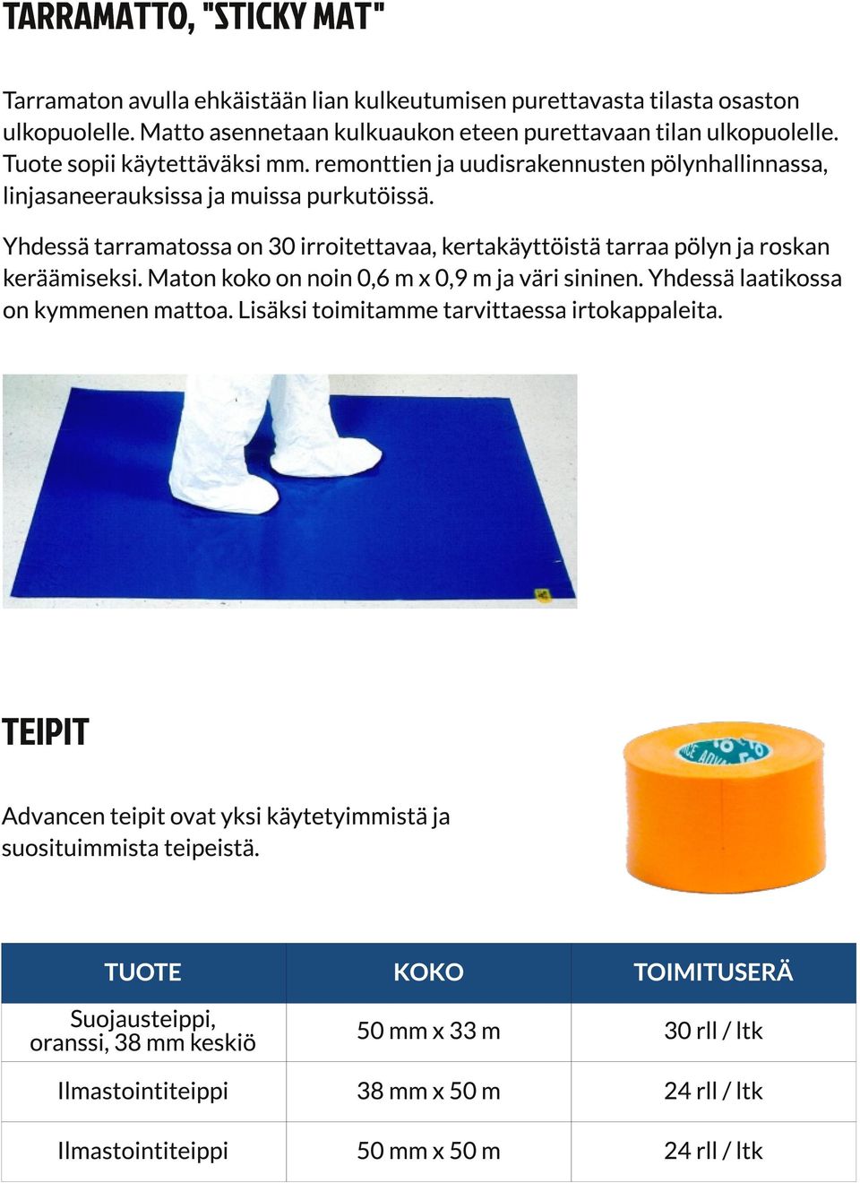 Yhdessä tarramatossa on 30 irroitettavaa, kertakäyttöistä tarraa pölyn ja roskan keräämiseksi. Maton koko on noin 0,6 m x 0,9 m ja väri sininen. Yhdessä laatikossa on kymmenen mattoa.