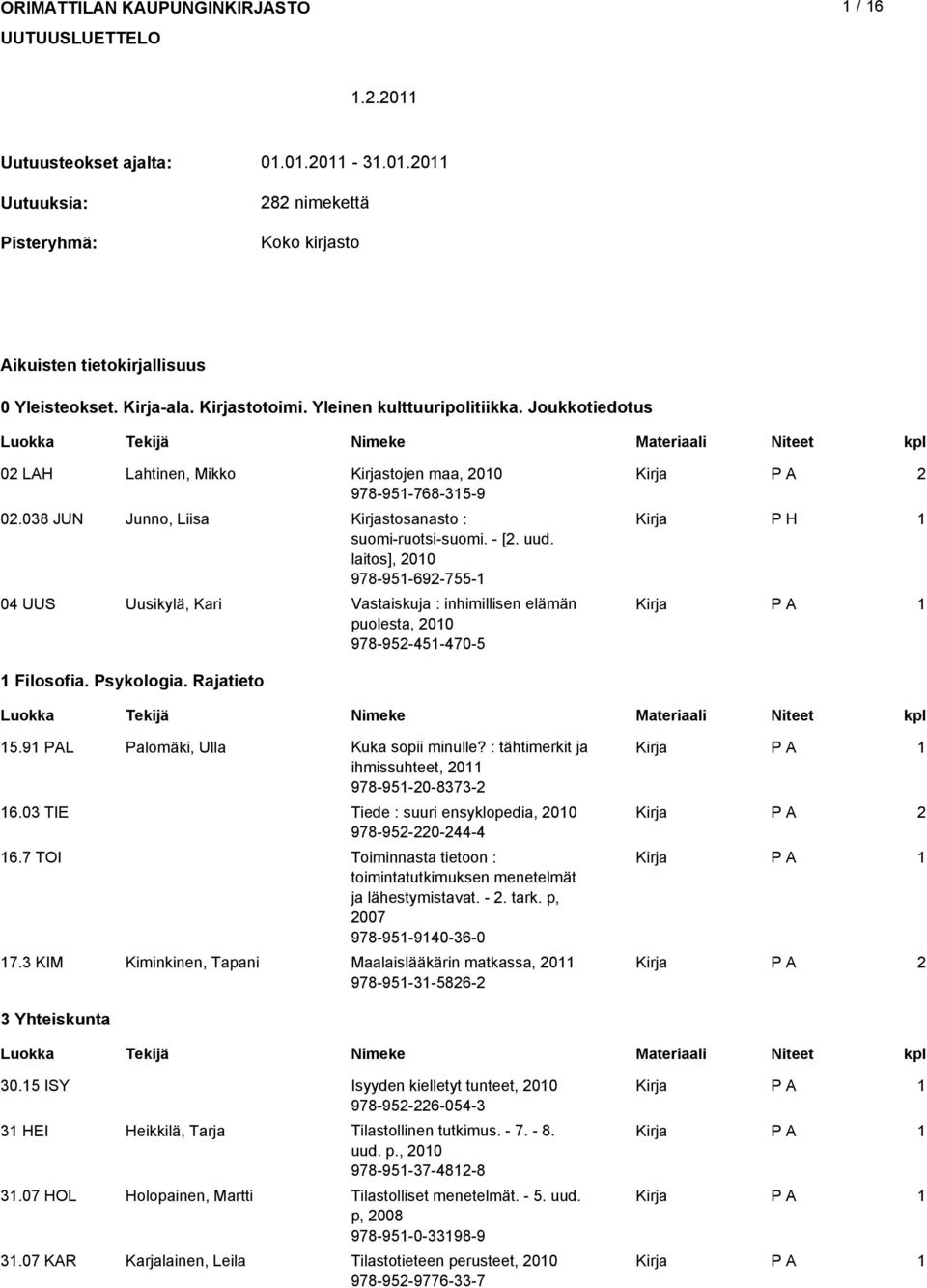 laitos], 00 978-95-69-755- P H 0 UUS Uusikylä, Kari Vastaiskuja : inhimillisen elämän puolesta, 00 978-95-5-70-5 Filosofia. Psykologia. Rajatieto 5.9 PAL Palomäki, Ulla Kuka sopii minulle?