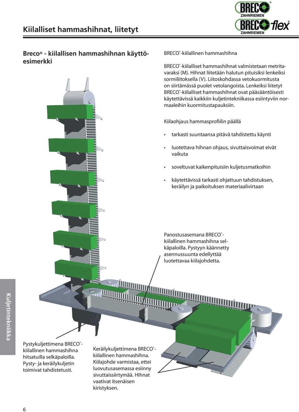 Lenkeiksi liitetyt BRECO -kiilalliset hammashihnat ovat pääsääntöisesti käytettävissä kaikkiin kuljetintekniikassa esiintyviin normaaleihin kuormitustapauksiin.