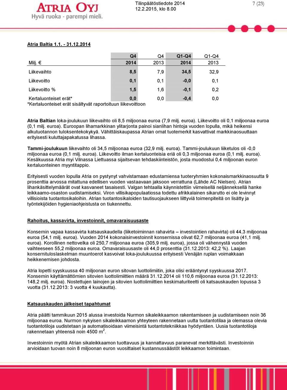 liikevoittoon Atria Baltian loka-joulukuun liikevaihto oli 8,5 miljoonaa euroa (7,9 milj. euroa).