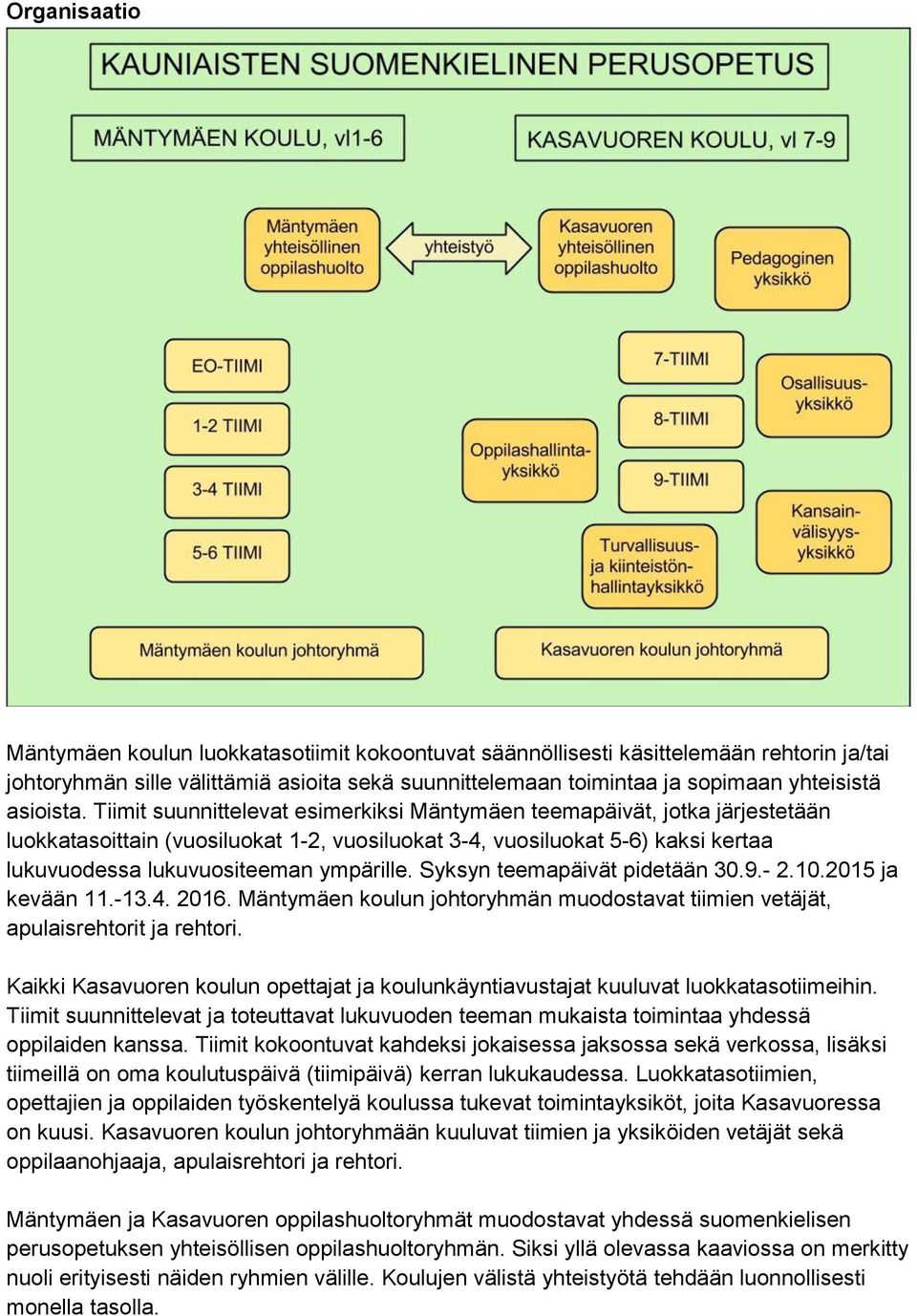 Tiimit suunnittelevat esimerkiksi Mäntymäen teemapäivät, jotka järjestetään luokkatasoittain (vuosiluokat 1-2, vuosiluokat 3-4, vuosiluokat 5-6) kaksi kertaa lukuvuodessa lukuvuositeeman ympärille.