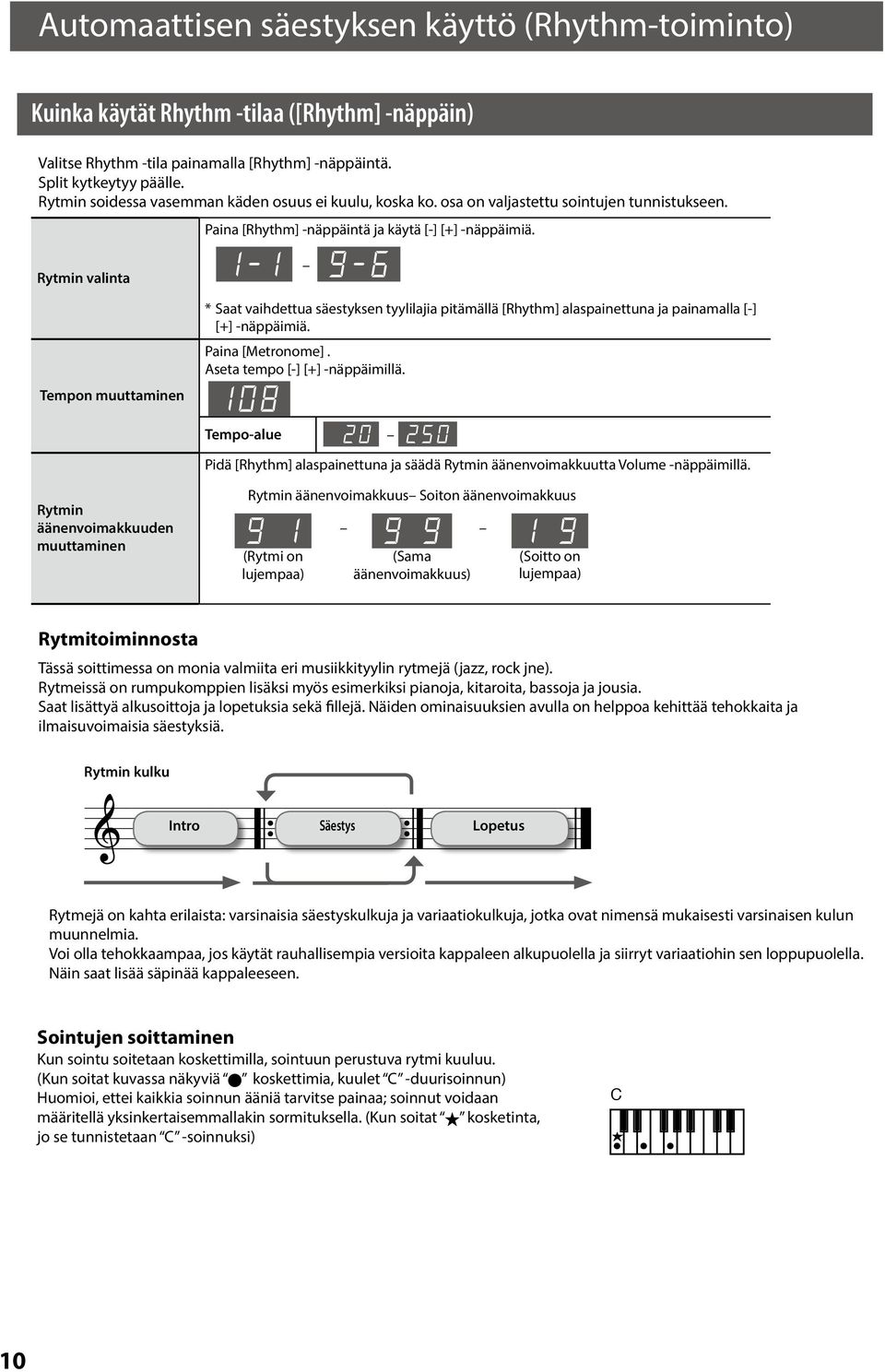 1-1 g-6 Tempon muuttaminen Rytmin äänenvoimakkuuden muuttaminen * Saat vaihdettua säestyksen tyylilajia pitämällä [Rhythm] alaspainettuna ja painamalla [-] [+] -näppäimiä. Paina [Metronome].