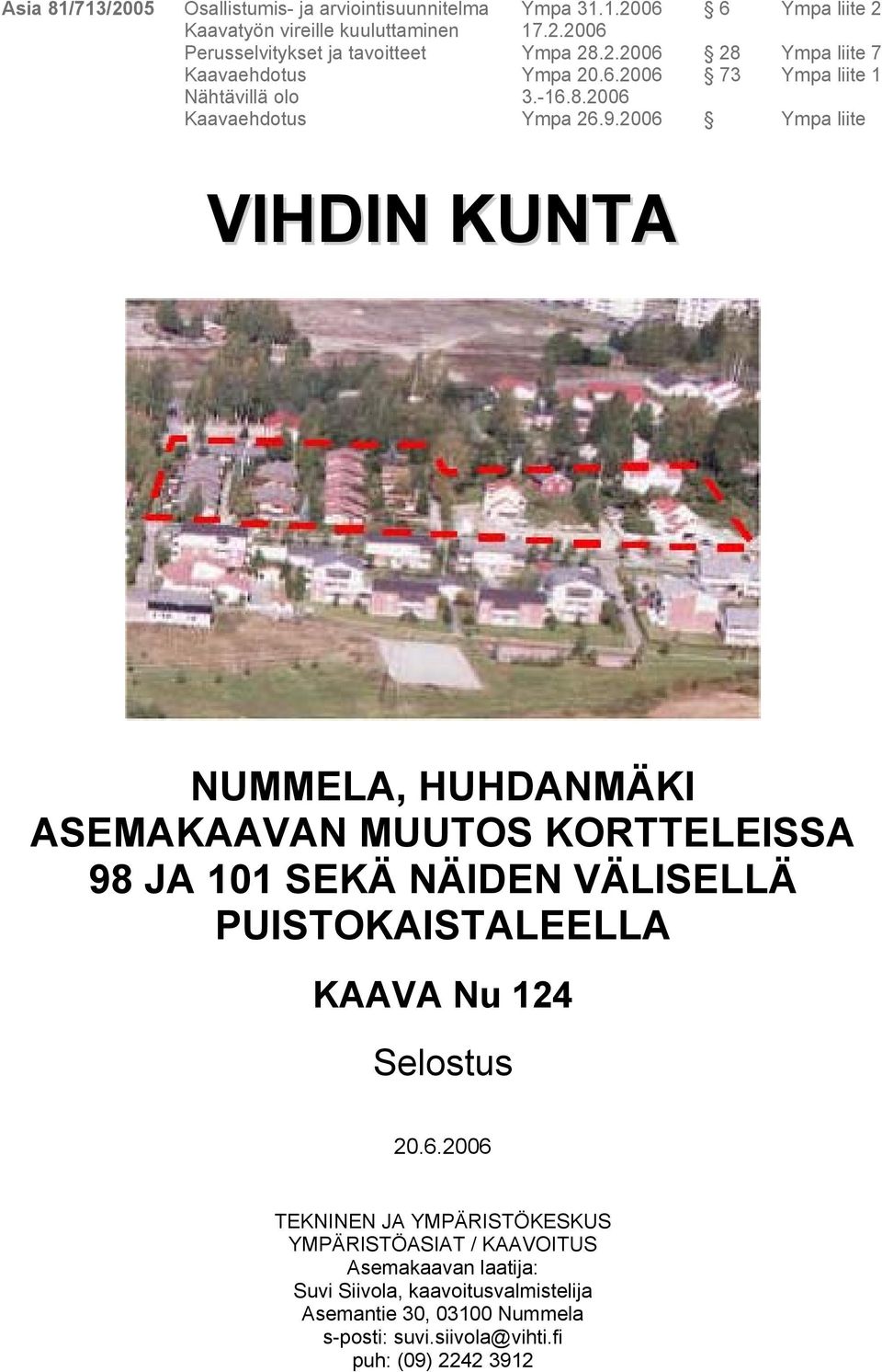 2006 Ympa liite VIHDIN KUNTA NUMMELA, HUHDANMÄKI ASEMAKAAVAN MUUTOS KORTTELEISSA 98 JA 101 SEKÄ NÄIDEN VÄLISELLÄ PUISTOKAISTALEELLA KAAVA Nu 124 Selostus