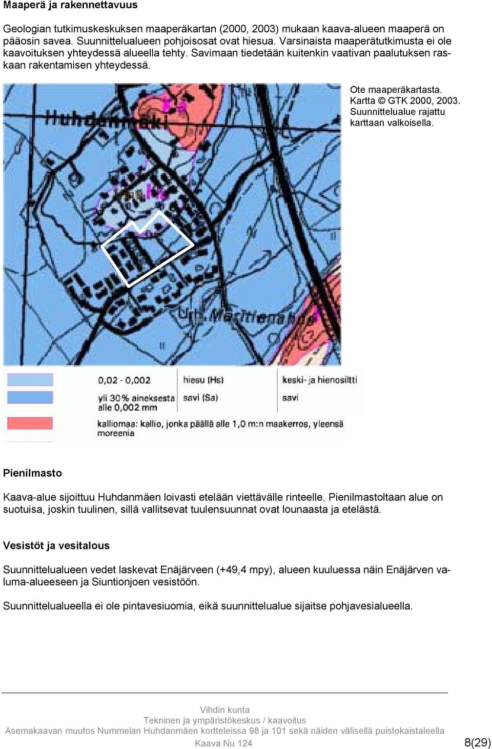 Kartta GTK 2000, 2003. Suunnittelualue rajattu karttaan valkoisella. Pienilmasto Kaava-alue sijoittuu Huhdanmäen loivasti etelään viettävälle rinteelle.